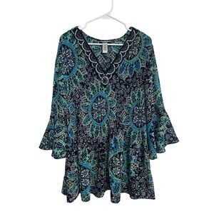 Catherines Plus SZ 2X 22/24W Blue Paisley Pleated Embellished Bell Sleeve Tunic